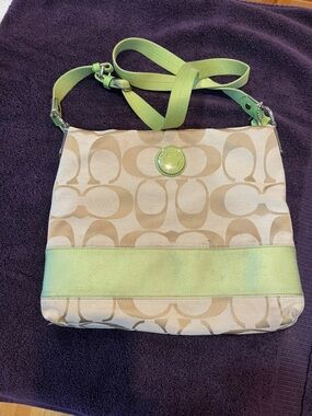 Coach Beige Signature Canvas Crossbody with Lime Green Trim